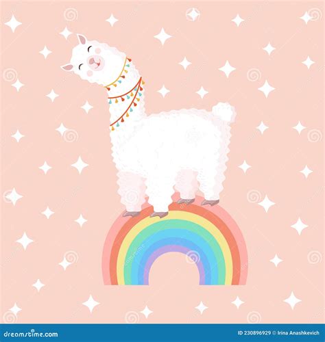 Vector Illustration With A Cheerful Llama On A Rainbow On A Pink