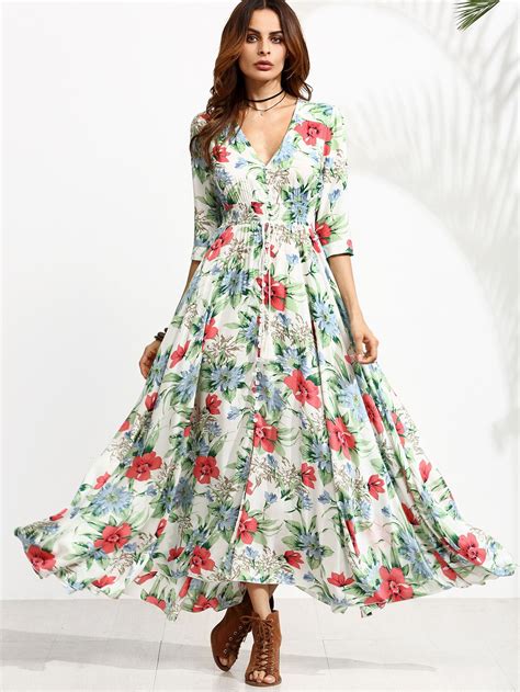 Floral Print Drawstring Button Front Swing Dress Maxi Dress Half