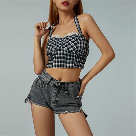 Plaid Halter Neck Lace Up Camisoles Women Summer Sexy Strappy Vests Lace Trim Crop Tops Harajuku