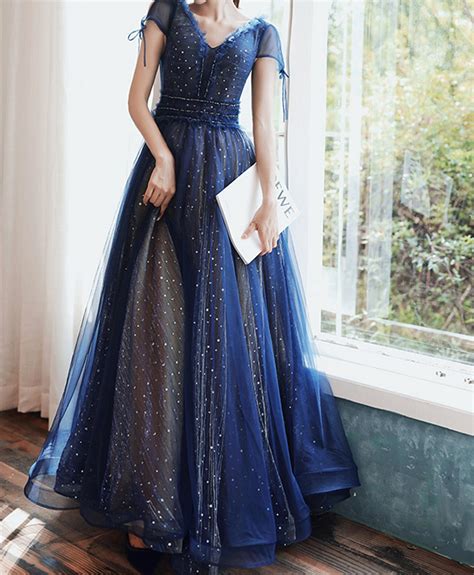 Sparkly Navy Blue Dancing Prom Dresses 2021 A Line Princess Off The Shoulder Short Sleeve