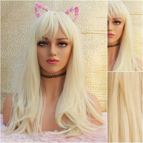 Blonde Wig With Front Bangs Platinum Blonde Natural Wig Heat Etsy