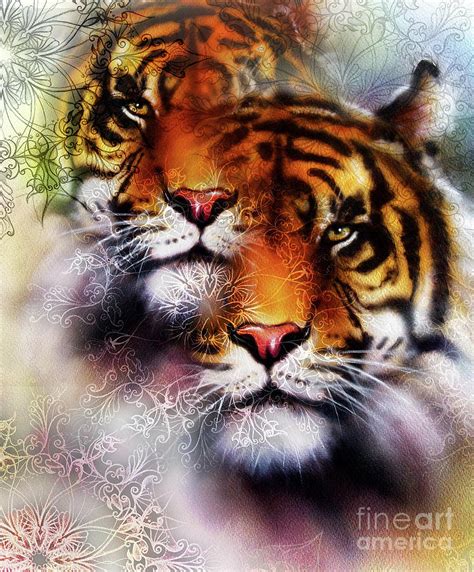 Tiger Collage On Color Abstract Background And Mandala With Ornamet