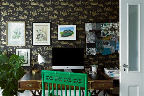 Eclectic Home Office Features A Black And Gold Wallpaper Accent Wall