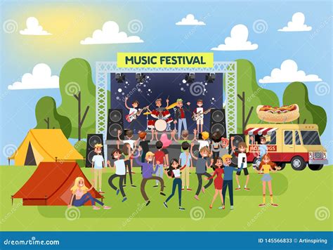Summer Music Festival Outdoor Crowd Of People Dance Stock Vector
