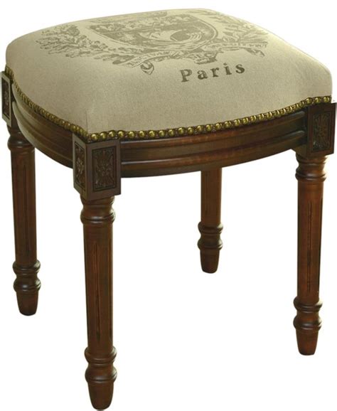 vanity stool paris crest heraldic wood stain linen upholstery traditional vanity stools and