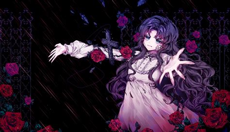 Download 1600x2560 Anime Girl Sad Expression Roses Lolita Purple