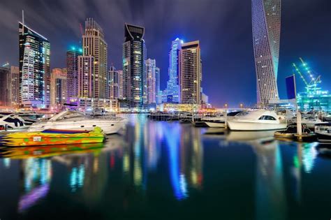 Colorful Night Dubai Marina Skyline Luxury Yacht Dock Dubai United