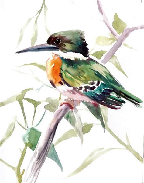 Green Kingfisher Original Watercolor Painting 11 X 9 In Etsy Birds