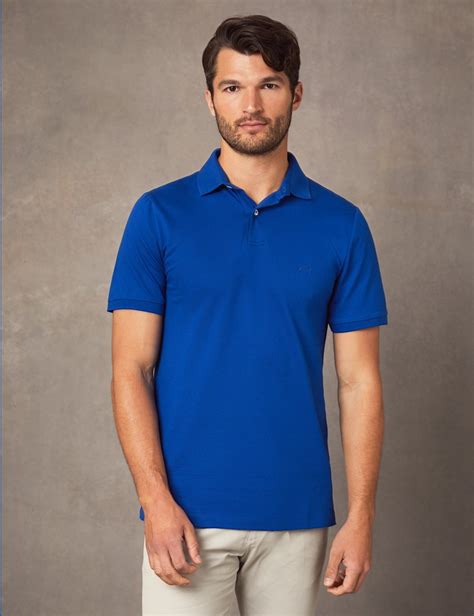 Mens Dark Blue Mercerised Pique Cotton Polo Shirt With Ribbed Collar