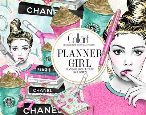 Planner Girl Clipart Hand Drawn Clipart Watercolor Clip Art Etsy