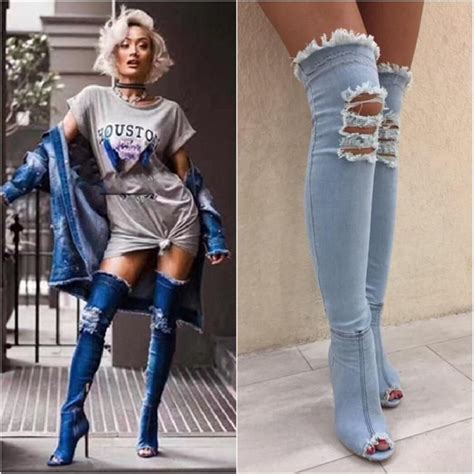 Denim Over The Knee Heels Jean Thigh High Boots Denim Boots Outfit Party Jeans
