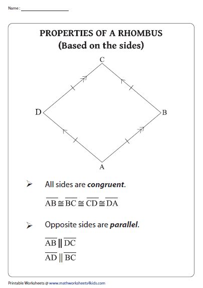 Properties Of A Rhombus Charts Congruent Triangles Worksheet