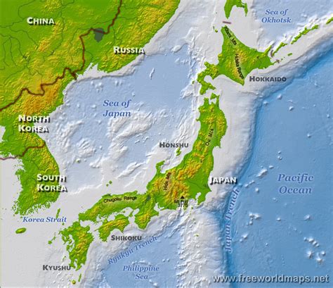 Topographic map showing distribution of quaternary volcanoes red. Landscape - Geography of Japan