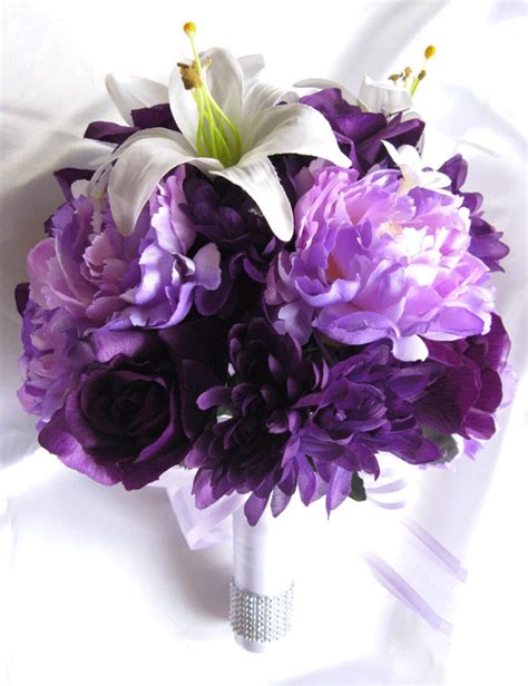 wedding bouquet bridal silk flowers white lily plum purple etsy