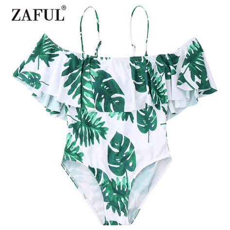 ZAFUL New One Piece Women Palm Leaf Print Ruffle One Piece Swimsuit