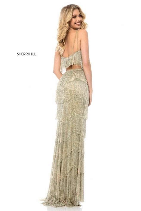 Sherri Hill 52081 Two Piece Fringed Column Long Dress Gold Prom