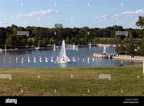 Grand Basin In St Louis Forest Park American Flags Up For 4th Of