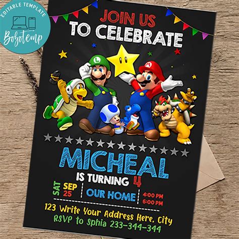 Super Mario Birthday Party Invitation Printable Luigi Yoshi