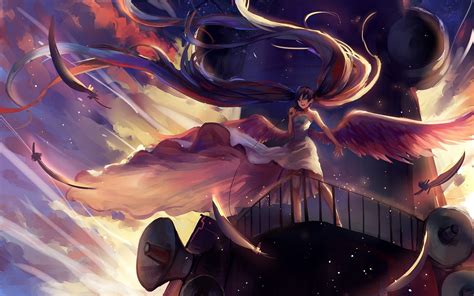 Hatsune Miku Long Hair Anime Girl Microphone Wings Angel Wallpaper
