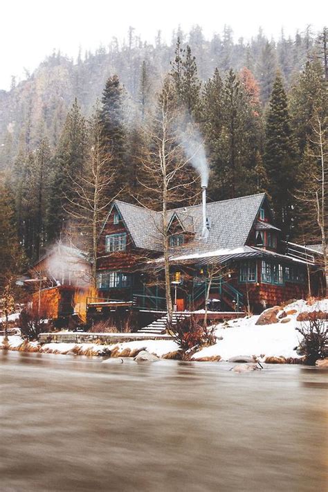 Snowy Winter Wood Cabin Frozen River Lake House And Cabin Life