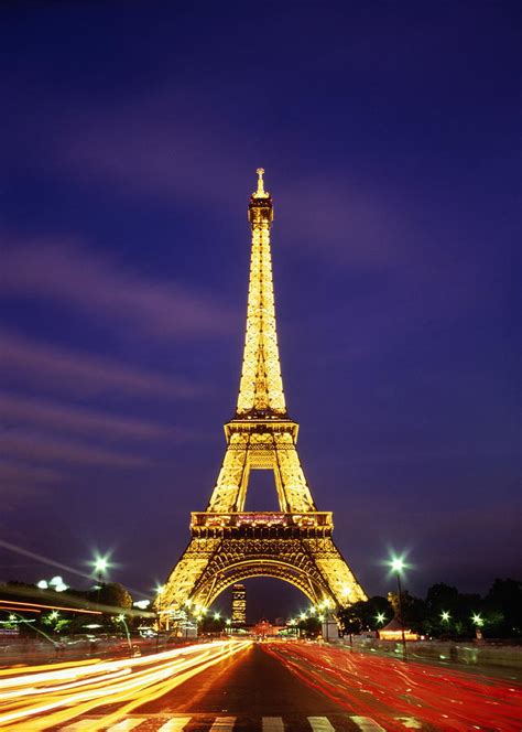 France Paris Eiffel Tower Illuminated Dusk Long Exposure