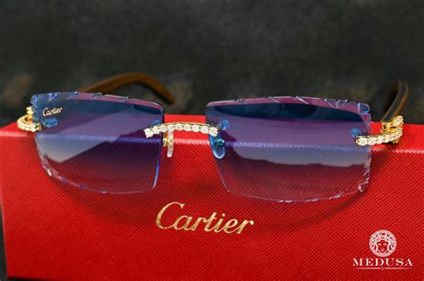 Cartier Glasses Cartier Signature C Wood And Blue Diamond Cut Lenses Mens Sunglasses Medusa