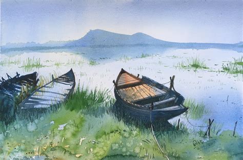 Boats Watercolor Painting On Paper Size 15 X 22 Inches Rart