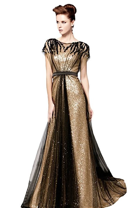 Sparkly Black And Gold Sequin Evening Dress 2019 Arabic Women Short