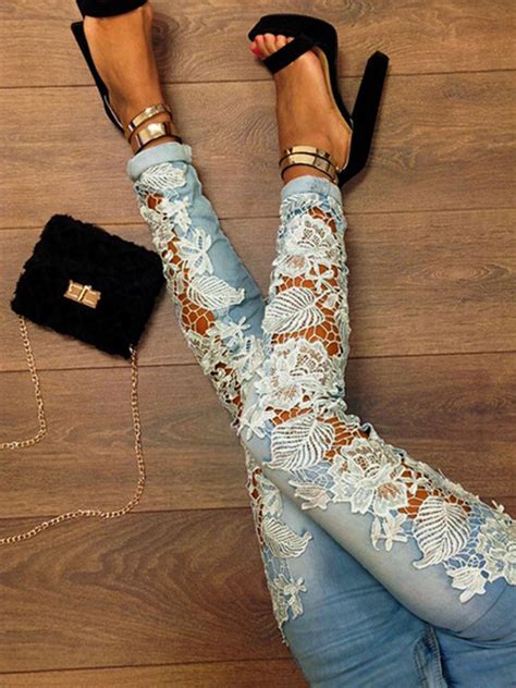 Blue Patchwork Lace Crochet Hollow Out Skinny Fashion Long
