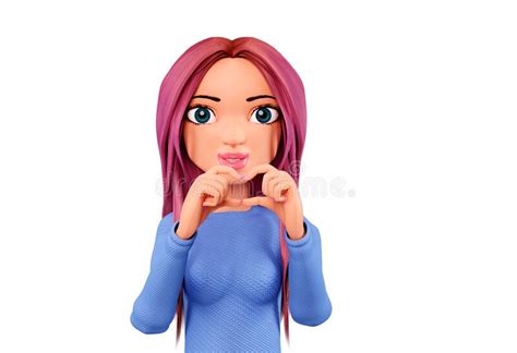 Woman Makes Heart Gesture With Her Hands 3d Render Portrait Of A Smiling Girl Making Finger