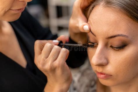 Makeup Artist Paints Eyelashes To A Woman In A Beauty Salon Stock