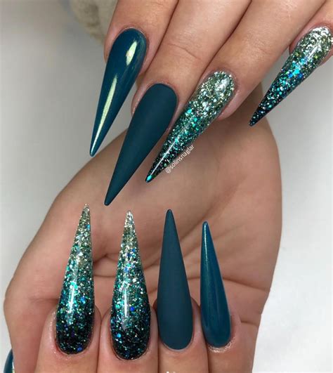Fabulous Sparkly Giltter Acrylic Blue Nails Design On Coffin And Stiletto Nails To Try Now