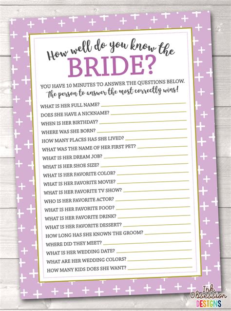 This is a very interesting game. Purple Crosses How Well Do You Know the Bride Printable ...