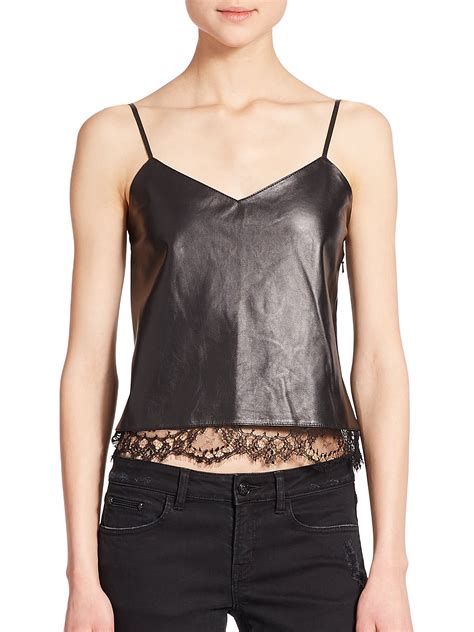 The Kooples Lace Trim Leather Camisole In Black Lyst
