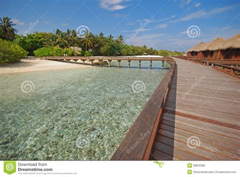 Blue Sky Spacious Wooden Walkway Connecting Overwater Bungalow At A