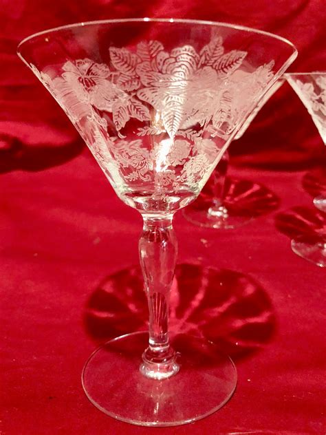 Vintage Clear Glass Cocktail Martini Glasses With Frosted White Floral Etched Pattern Set Of Four