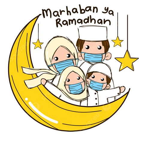 รูปการ์ตูน Marhaban Ya Ramadhan ครอบครัวมุสลิมสวมหน้ากาก Png Ramadhan