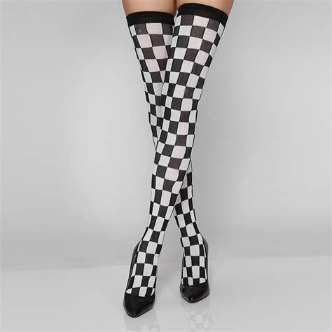 Women Thigh High Sexy Stockings Fashion Plaid Checkered Patchwork