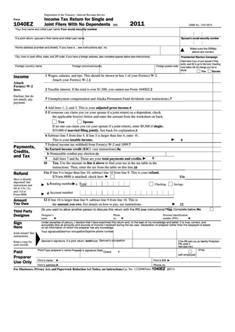 Fillable 2011 Form 1040ez Income Tax Return For Single And Joint