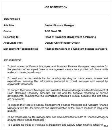 The ideal candidate will help determine financial strategy and policy, arranging the appropriate funding and managing financial risks in the organization. Financial Manager Job Description - 8+ Free Word, PDF ...