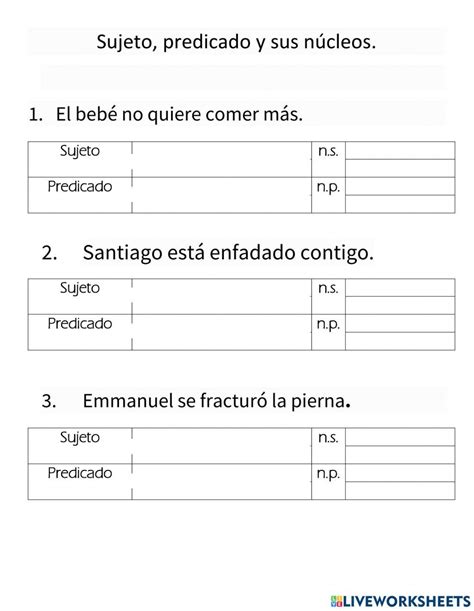 Sujeto Predicado Y Núcleos Interactive Worksheet Live Worksheets