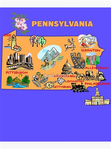 Hand Drawn Illustration Of Pennsylvania Map With Tourist Destinations Usa Art Print For Sale