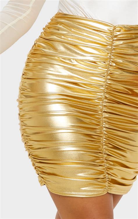 Gold Metallic Coated Ruched Mini Skirt Prettylittlething Usa