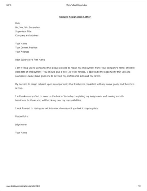 Free Printable Resignation Letter Template Sample Resignation Letter