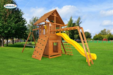 A Wooden Swing Set With A Yellow Slide