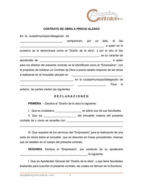 Contrato De Obra A Precio Alzado Modelo Word Y Pdf