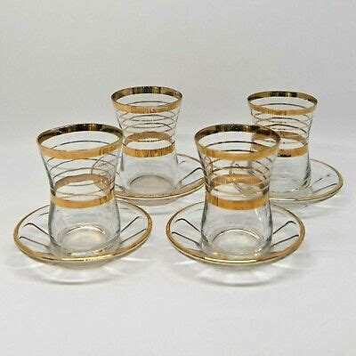 Vintage Turkish Tea Cups Saucers Gold Clear Glass Oz Ebay
