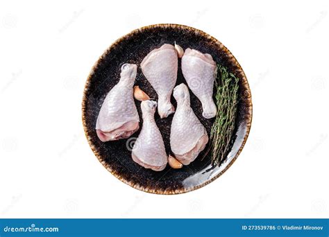 Chicken Drumsticks Legs Raw Poultry Meat On Butcher Board Isolated On White Background Stock