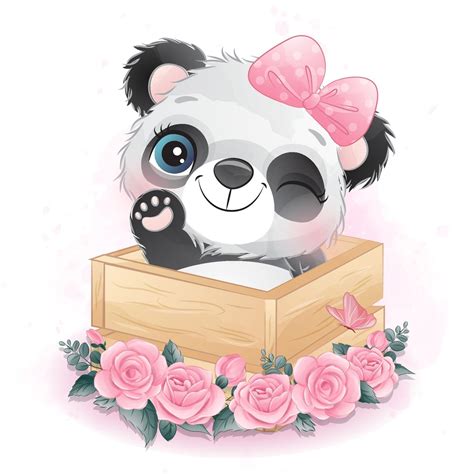 Cute Little Panda With Watercolor Illustration 2063665 Vector Art At