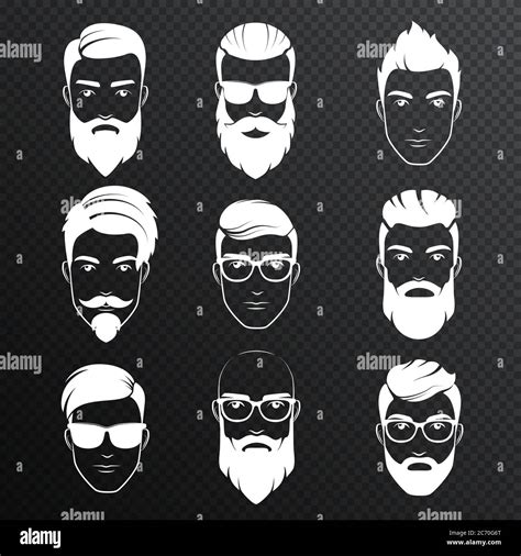 Set Of Vector Bearded Hipster Men Faces On The Transperant Alpha